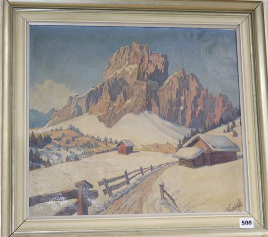 A. Kraus, oil on canvas, Alpine landscape in winter, signed and dated 42, 41 x 46cm